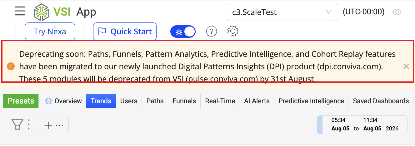 Notice in the VSI App header stating that Paths, Funnels, Pattern Analytics, Predictive Intelligence, and Cohort Replay have migrated to Digital Patterns Insights and will be deprecated by 31st August