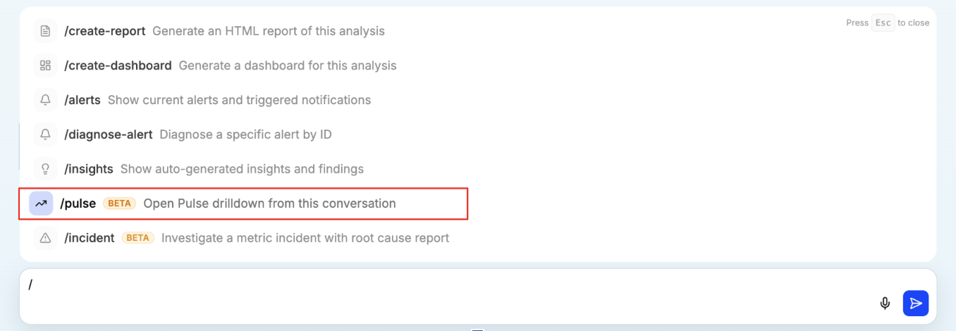Nexa slash command menu with /pulse (Beta) highlighted: Open Pulse drilldown from this conversation