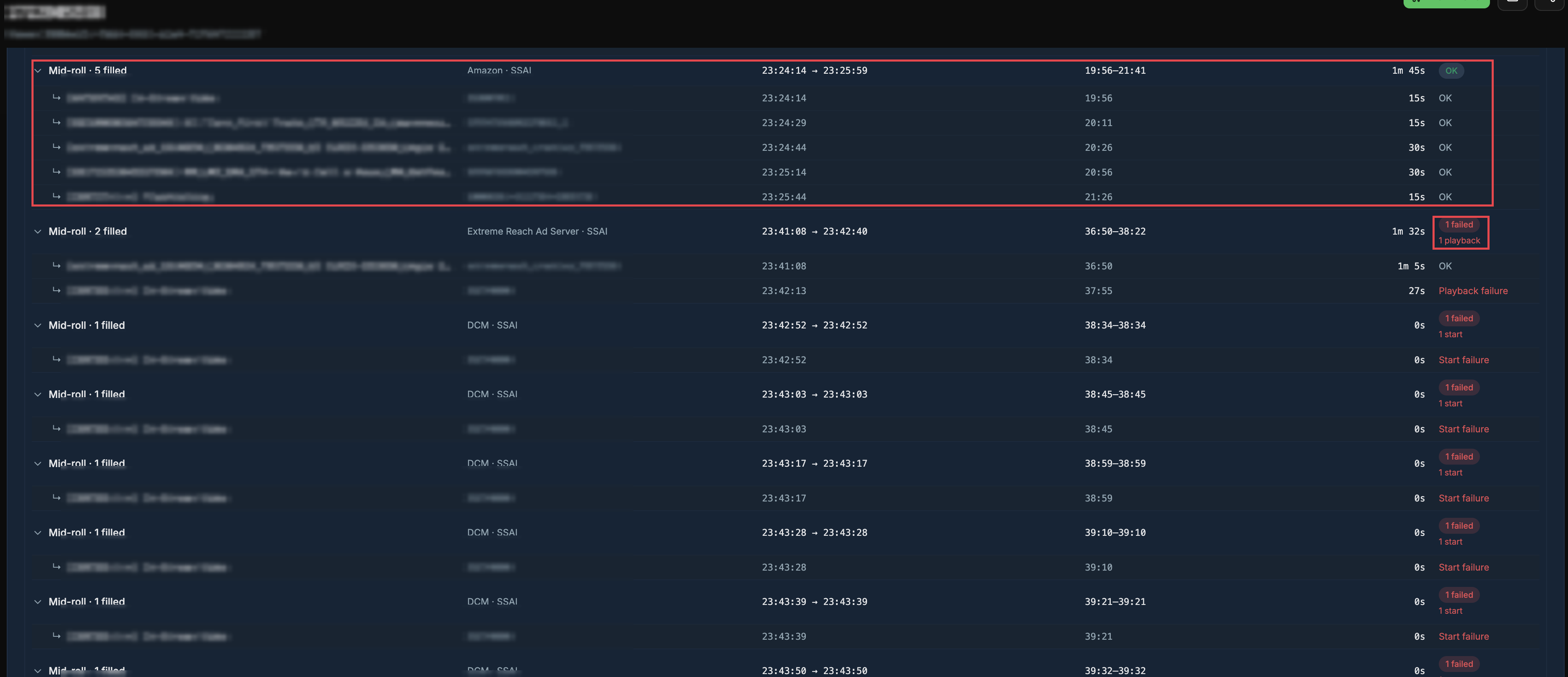 Diagnostic ad timeline with breaks grouped by position, each row showing filled count, ad server, time range, duration and failure status