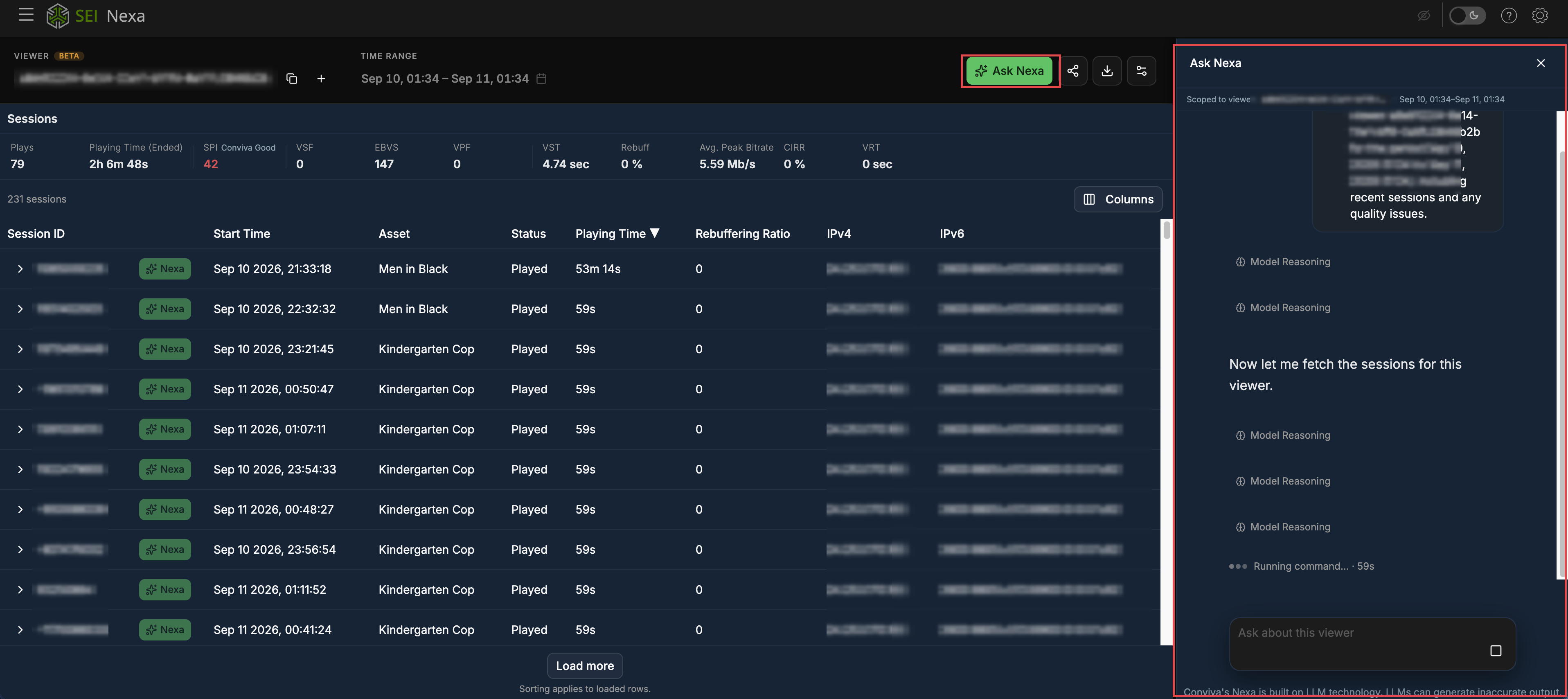 Viewer session list with the Ask Nexa panel open alongside it, showing model reasoning steps and an Ask about this viewer prompt box