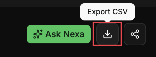 Export CSV tooltip above the download icon in the viewer toolbar, beside the Ask Nexa button