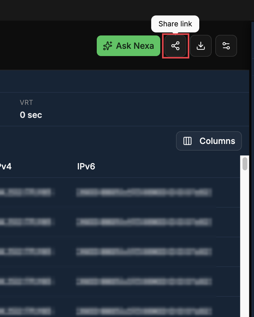 Share link tooltip above the share icon in the viewer toolbar, positioned next to the Ask Nexa button