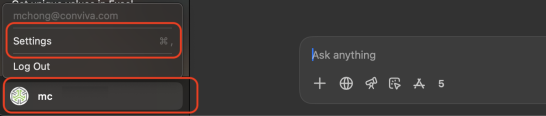 ChatGPT account menu with the Settings option