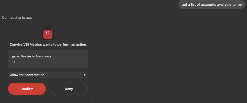 ChatGPT confirmation prompt to allow the Conviva MCP tool