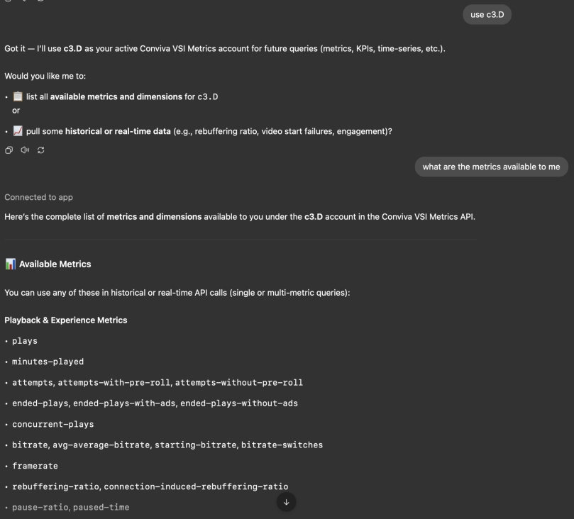 ChatGPT response listing available Conviva metrics