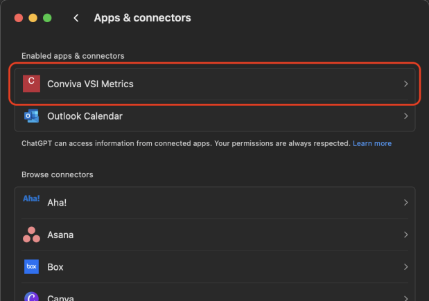 ChatGPT enabled apps and connectors list showing the connected Conviva connector