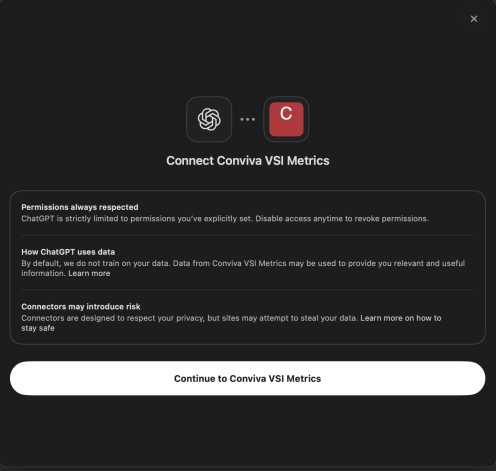 Confirmation dialog to continue to the Conviva connector