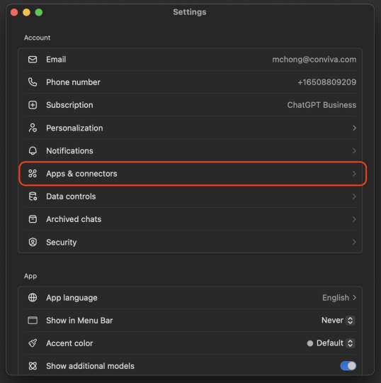 ChatGPT Settings panel showing Apps and connectors