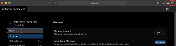 Cursor Settings with MCP typed into the search field
