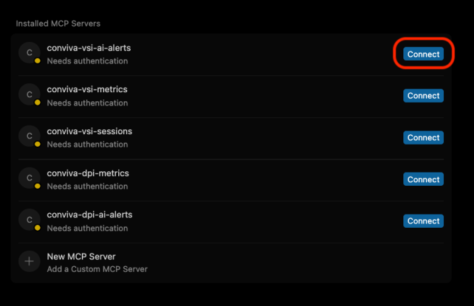 Cursor prompt with a Connect button to begin Conviva OAuth authorization