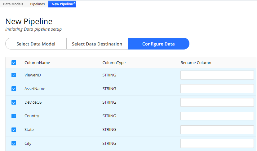 Conviva Connect pipeline configuration for selecting the data content to deliver