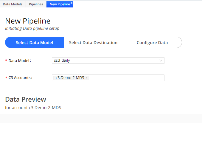 Conviva Connect New Pipelines configuration showing the pipeline data model selection