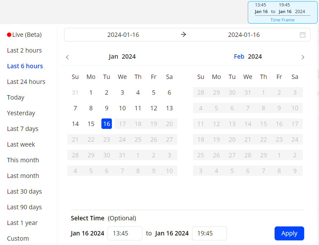 Date picker showing predefined and custom date range options