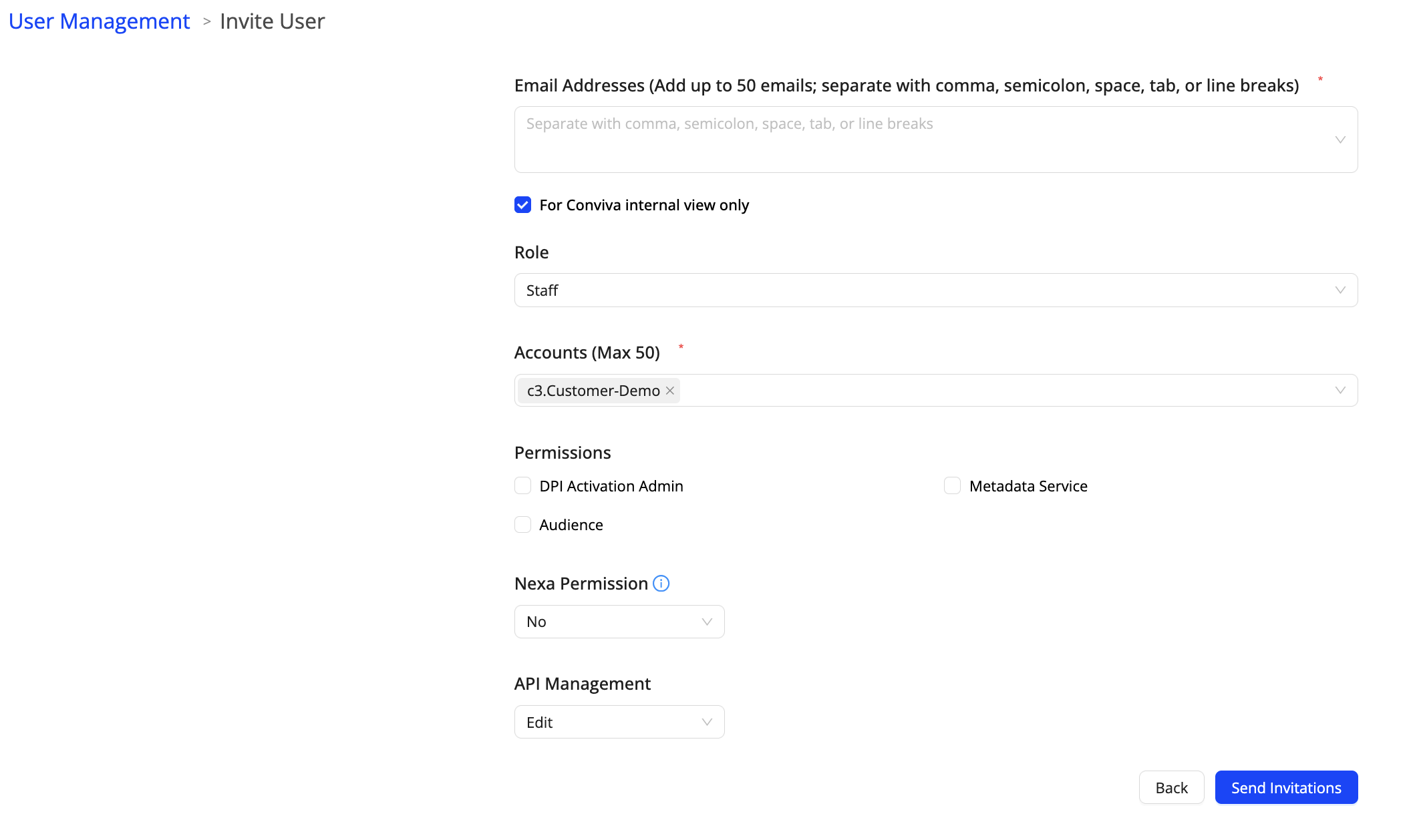 Invite User page showing the email address field, Role, Accounts, Permissions, Nexa Permission, and API Management set to Edit