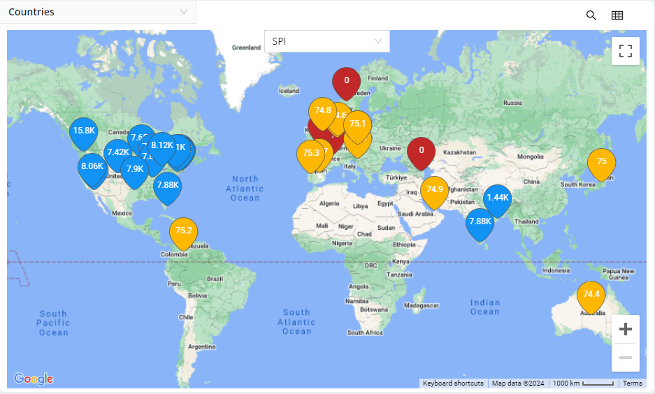 Geo dimension table with the integrated Map view showing plotted data points across a world map