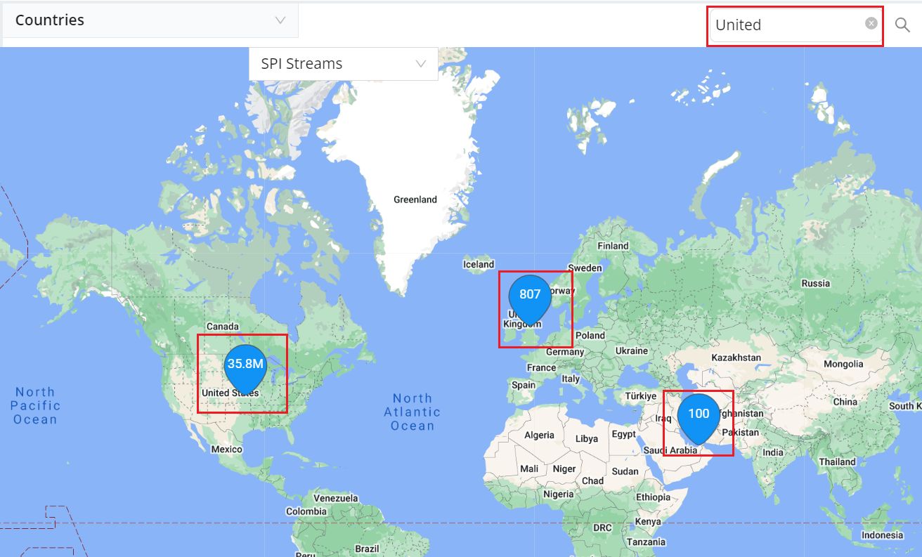 Map view search bar with a location query and matching result highlighted on the map
