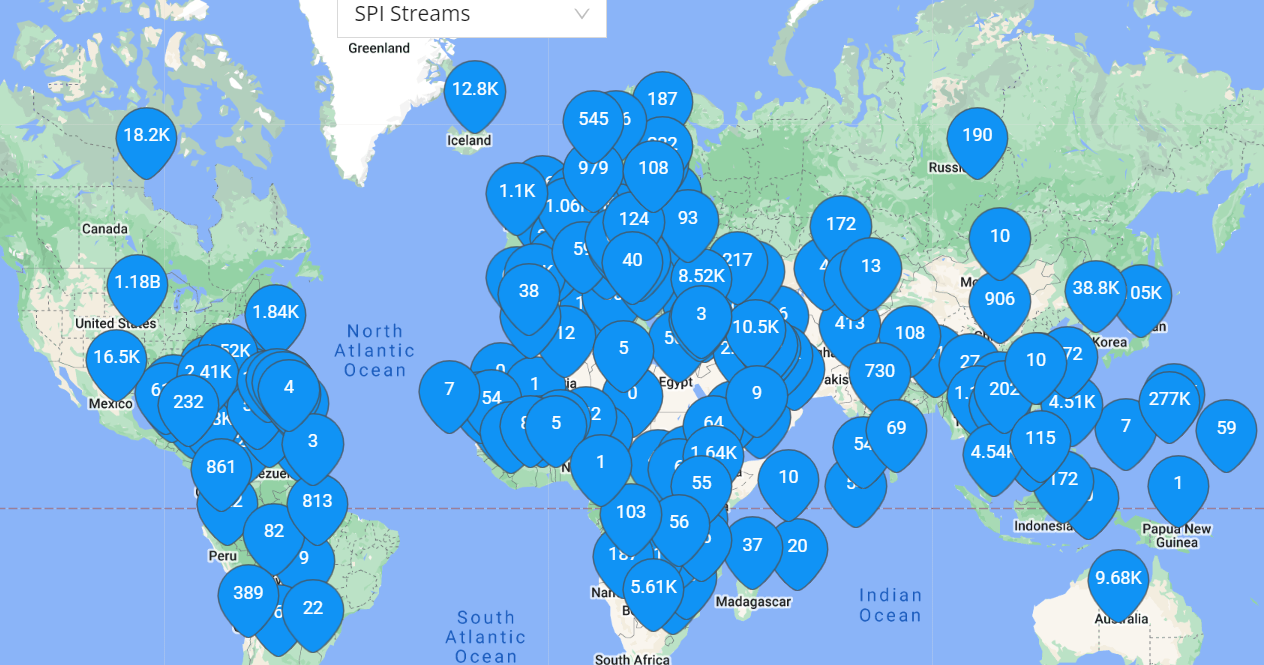 Map view refreshed with SPI streams metric, colouring regions by metric value
