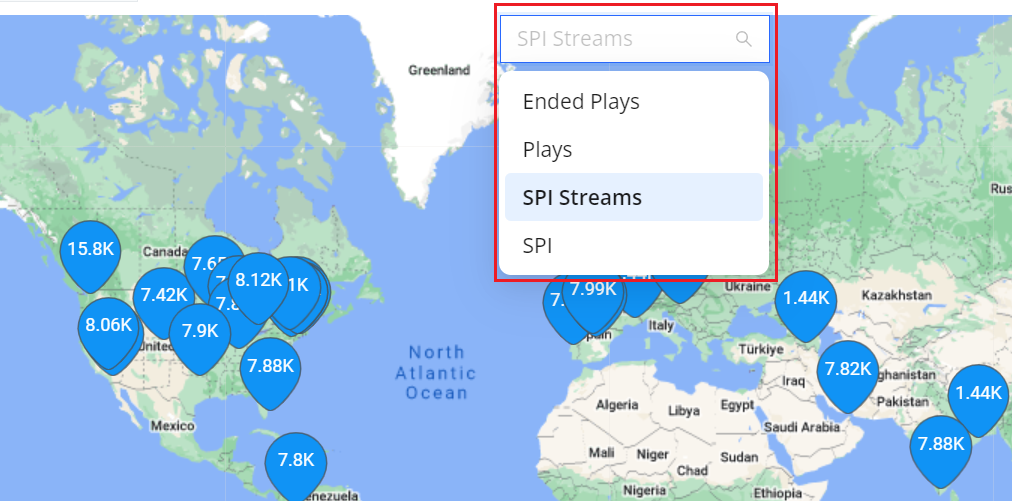 Metric drop-down open in the Map view showing selectable metrics
