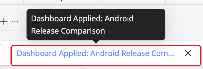 Dashboard Applied label showing the imported dashboard name, with an x icon to revert to the original layout