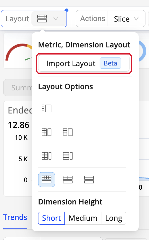 Layout menu showing the Import Layout button above the Layout Options grid and Dimension Height selector