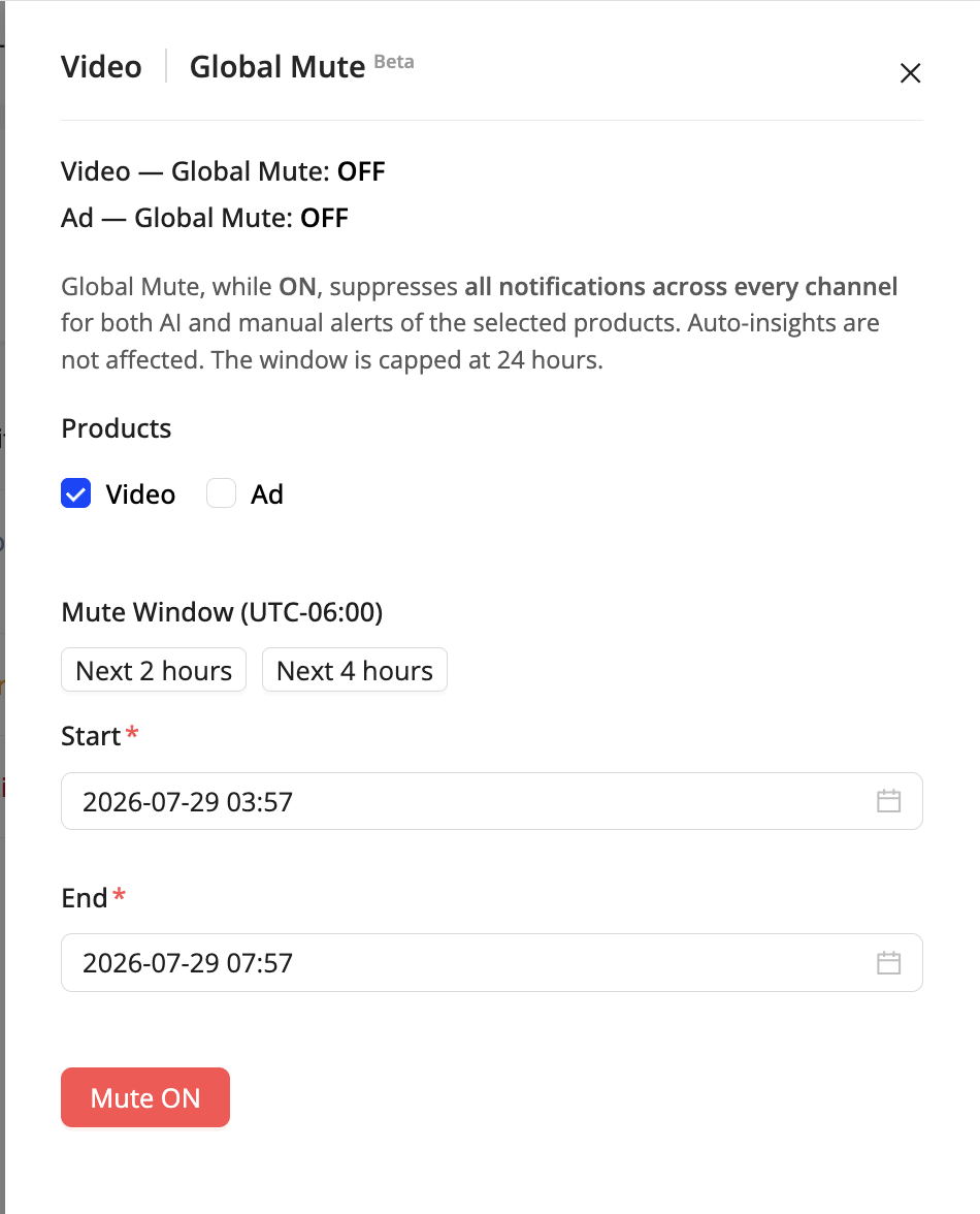 Global Mute drawer showing product selection and mute window