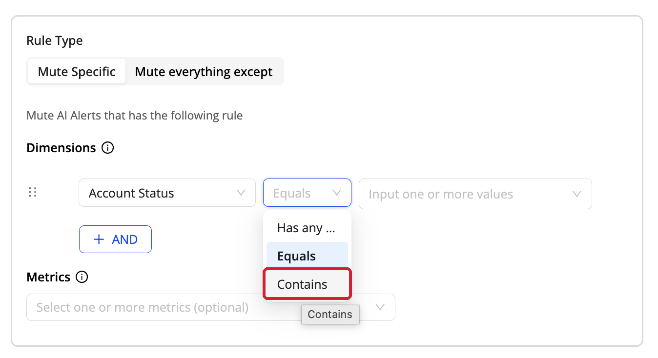 Mute Rule dimension condition operator dropdown with Equals selected and Contains highlighted below it