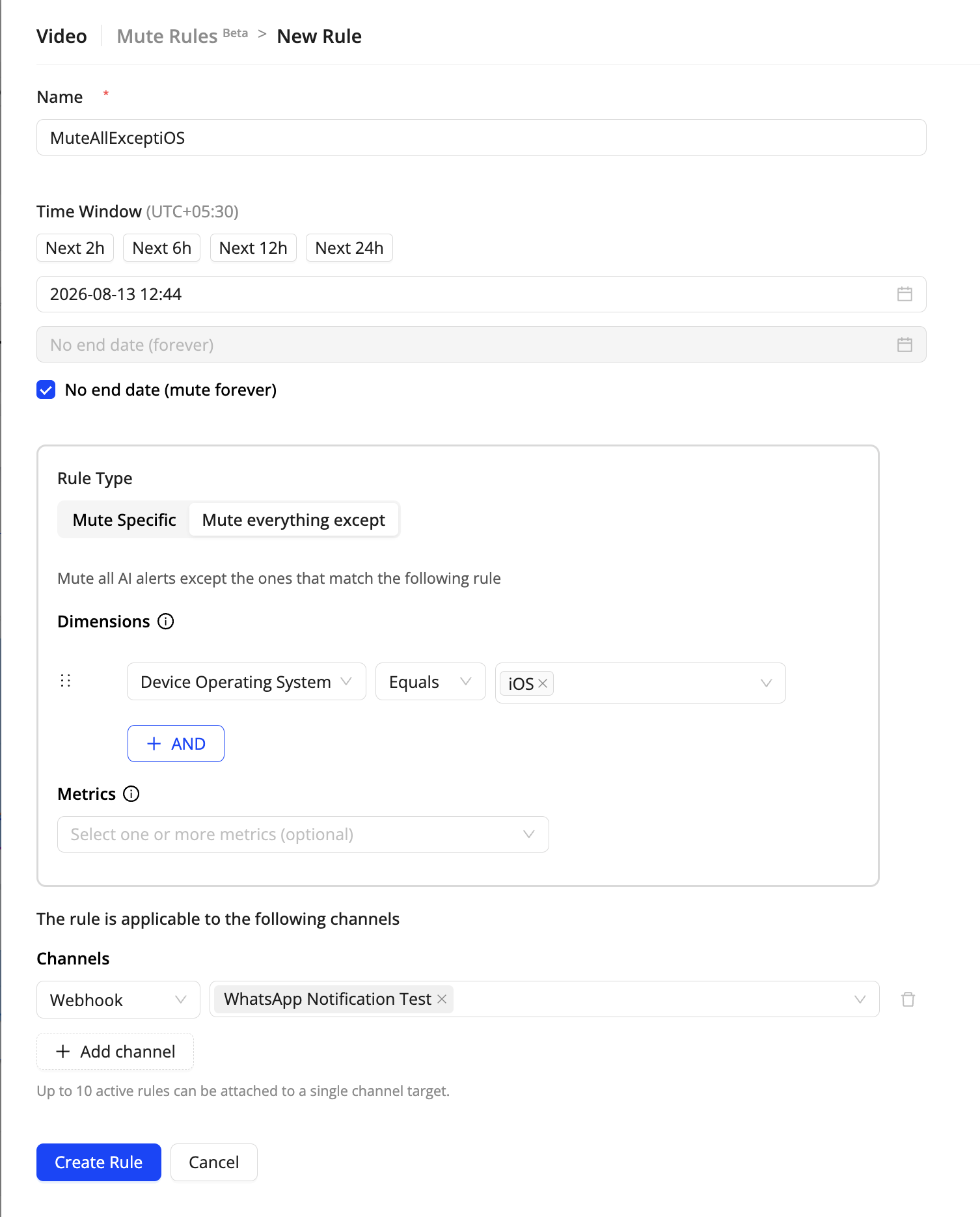 New Mute Rule screen with the name MuteAllExceptiOS, a no-end-date time window, the Mute everything except rule type, a Device Operating System Equals iOS dimension condition, and a Webhook channel
