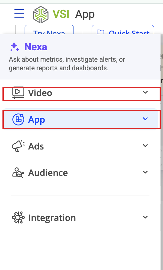 Pulse left navigation listing Video, App, Ads, Audience, and Integration, with Video and App highlighted