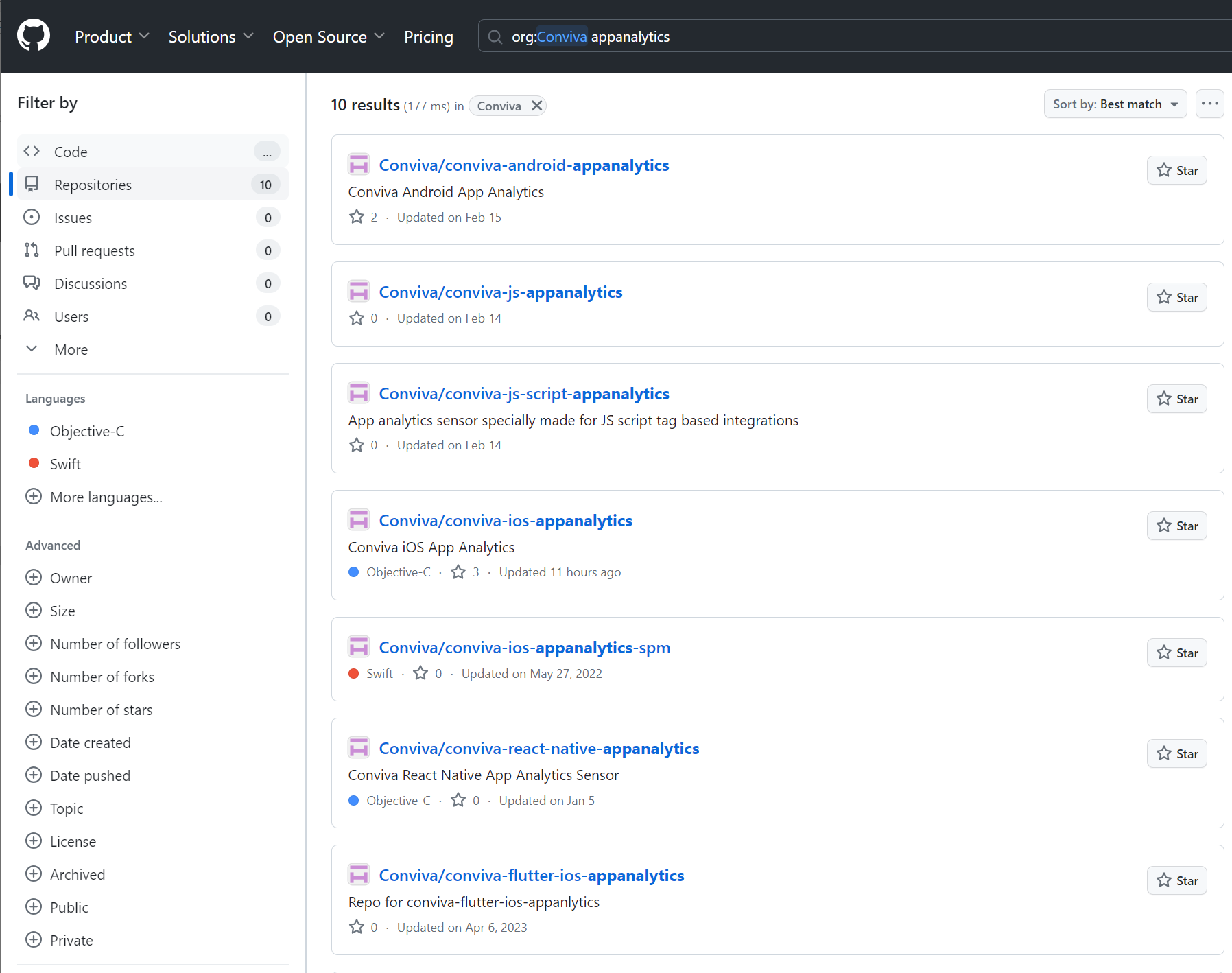 Conviva public GitHub repositories listing the DPI sensor repos across Android, iOS, Browser, React Native, and other platforms