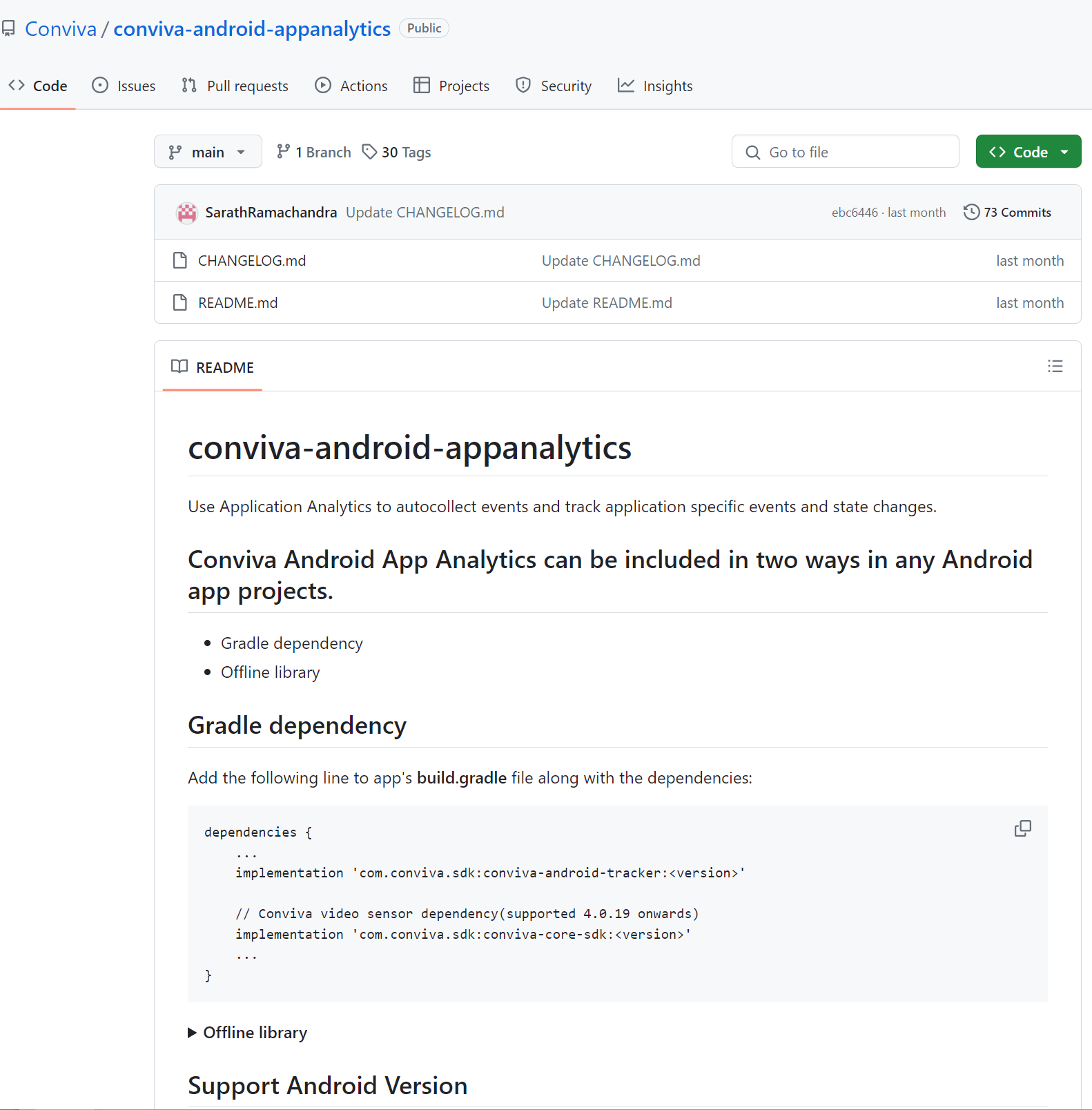 Conviva Android DPI sensor GitHub repository README example showing the integration instructions